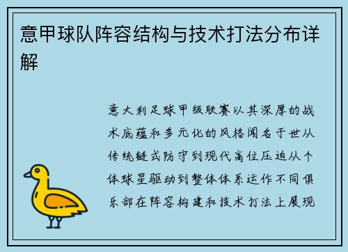 意甲球队阵容结构与技术打法分布详解