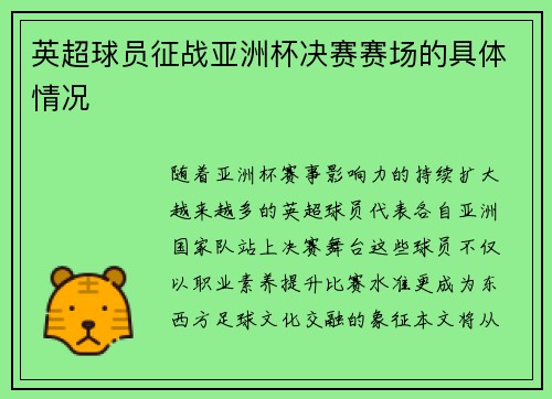 英超球员征战亚洲杯决赛赛场的具体情况